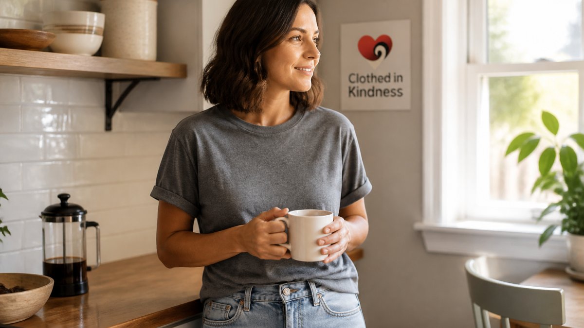 A person in a relaxed graphic tee standing in a bright kitchen, holding a mug with both hands, casual candid posture, soft morning light through the window