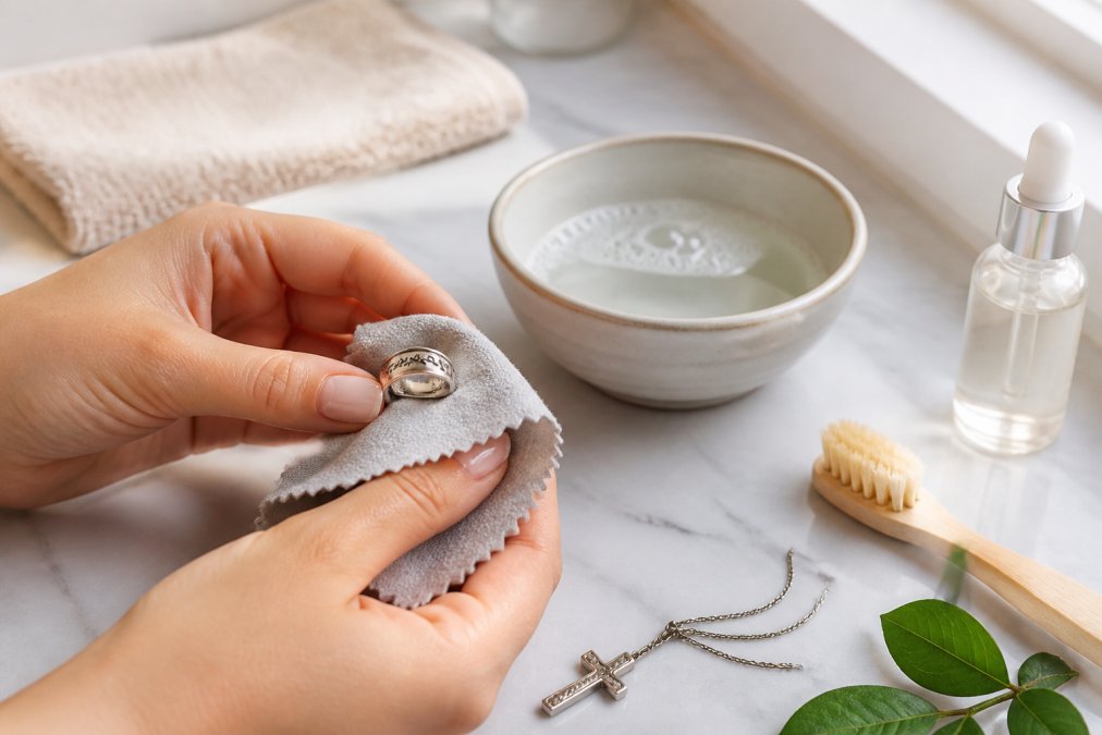 Hands gently cleaning a gold cross pendant necklace with a soft microfiber cloth and mild soap solution, with a small ceramic bowl of warm water and natural jewelry care supplies arranged on a marble surface, soft natural window lighting