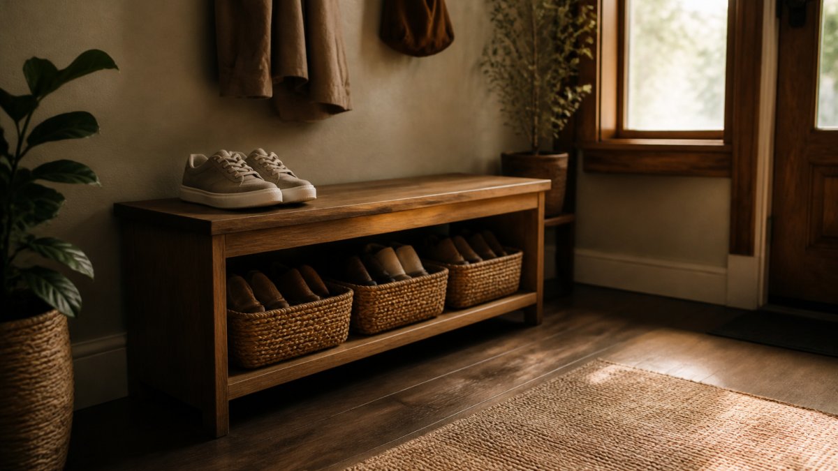 A small entryway with a wooden storage bench, shoes tucked underneath in woven baskets, a coat hanging above, and a pair of everyday sneakers on top, warm natural light from a nearby window