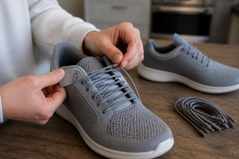 Close-up of hands threading a stretchy elastic lace through the eyelet of a sneaker on a kitchen table, with a second sneaker and a set of laces nearby
