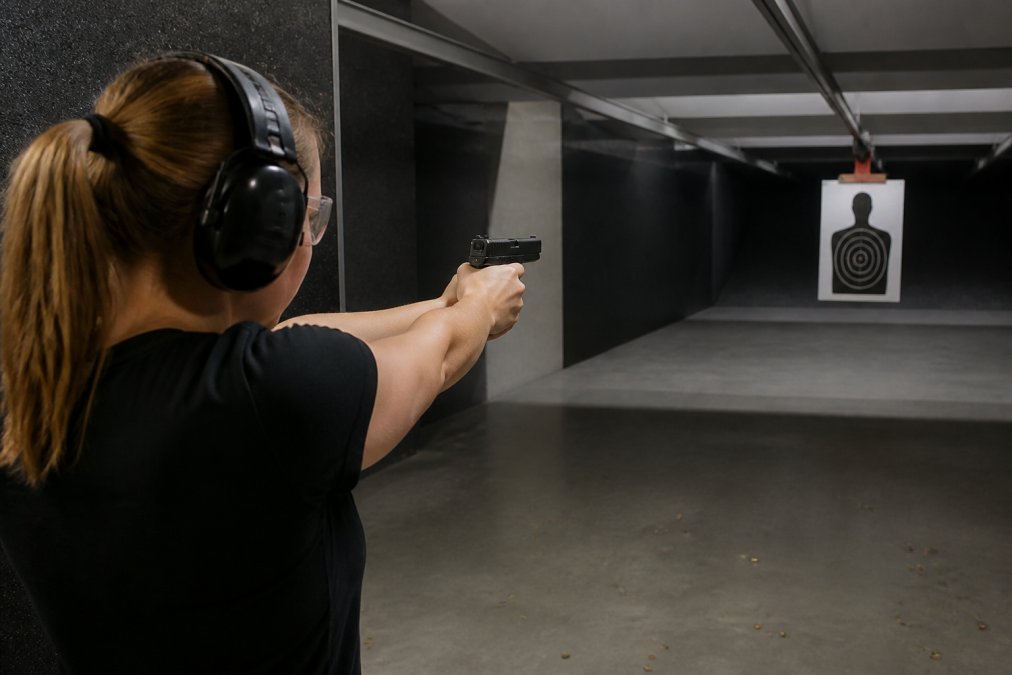 A beginner shooter at an indoor range, standing in a proper shooting stance with a pistol held in a two-handed grip, elbows slightly locked, focused on the target downrange under bright overhead lighting