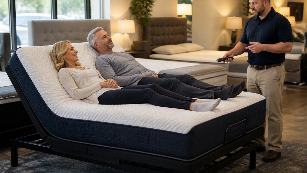 A couple in a bright mattress showroom lying on an adjustable bed with the head section raised, a sales associate standing nearby holding a remote control and pointing to the base