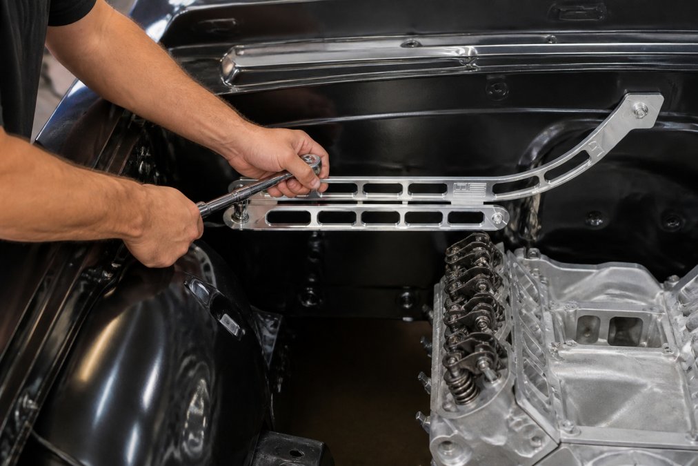 Skilled mechanic installing precision-machined billet aluminum brackets onto truck engine block, showing proper fitment with socket wrench, engine bay with clean lighting and organized workspace
