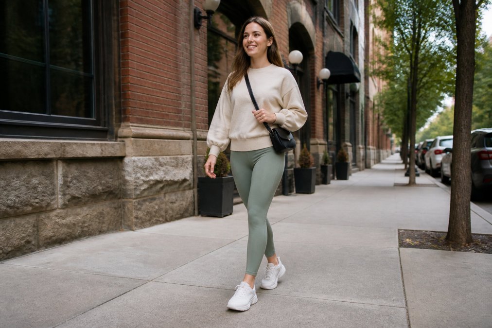 A person walking on a city sidewalk wearing clean, supportive sneakers, with a small crossbody bag and casual outfit, natural daylight