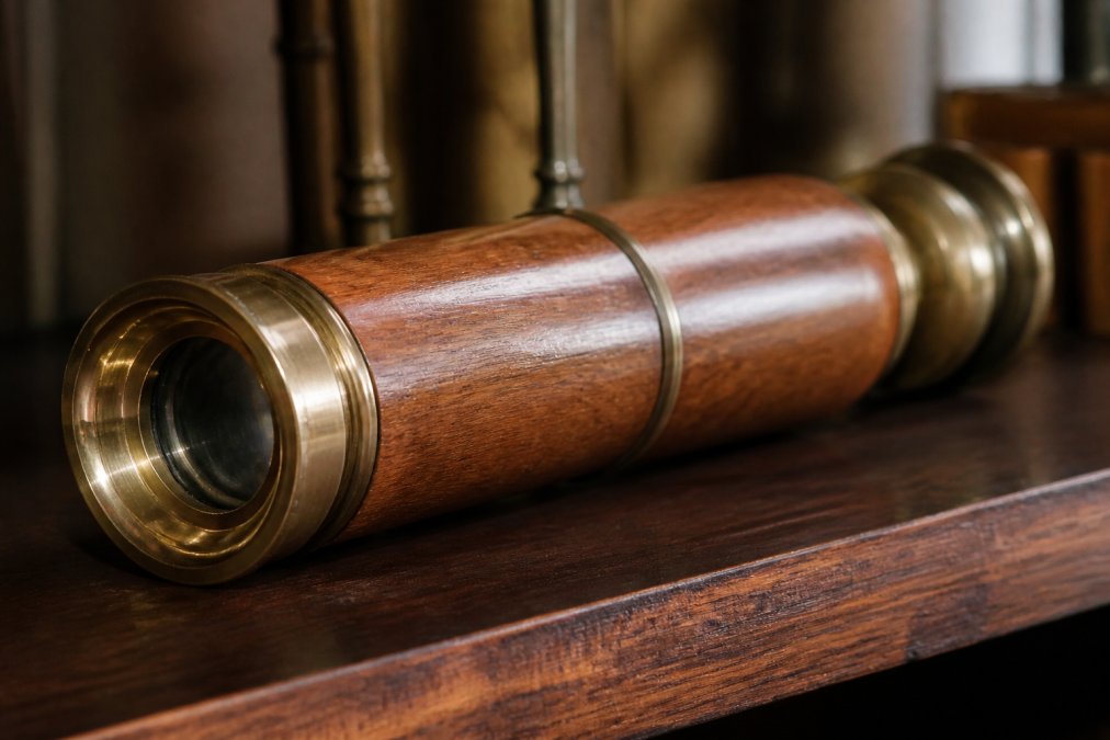 A close-up photograph of a handcrafted wooden kaleidoscope with brass fittings resting on a dark wooden shelf, with soft natural light highlighting the wood grain and the eyepiece