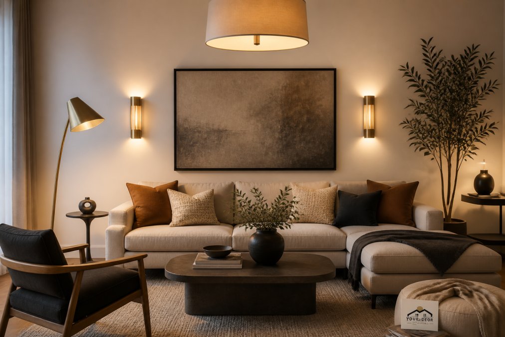 Sophisticated living room with multiple light sources including a sculptural floor lamp with angular shade in brushed brass, wall sconces flanking artwork, and a dimmable overhead pendant creating layered ambient and task lighting zones