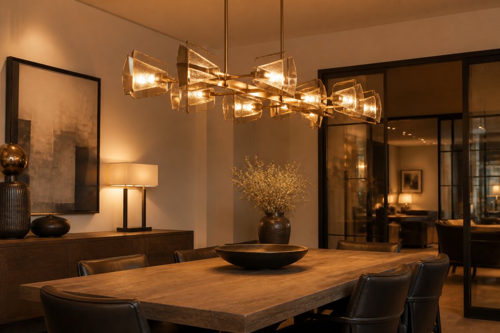 Modern dining room with a sculptural statement chandelier suspended above a wooden table, featuring metallic finishes and angular glass shades casting warm ambient lighting across the space