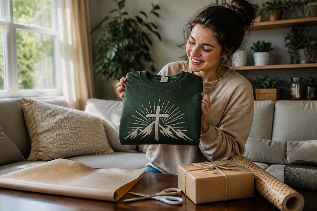 Flowchart visualizing custom graphic apparel gift ideas for faith-based, humorous, and pop-culture recipients.