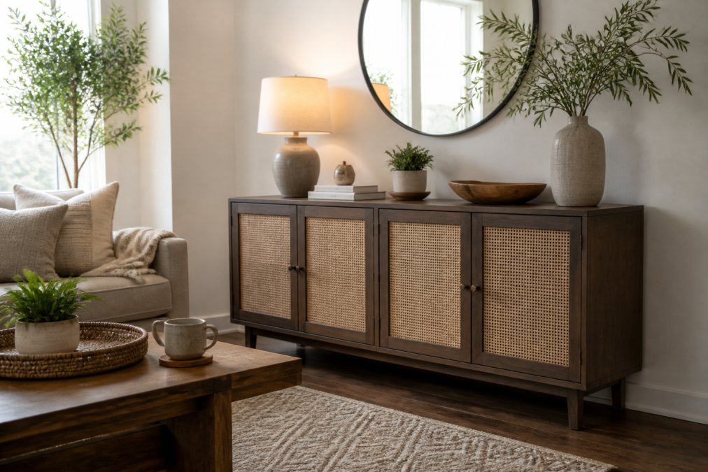 Modern living room with contemporary sideboard featuring rattan doors, styled with neutral throw pillows, potted plants, and warm lighting showing how affordable furniture pieces create a cohesive, designer-inspired space