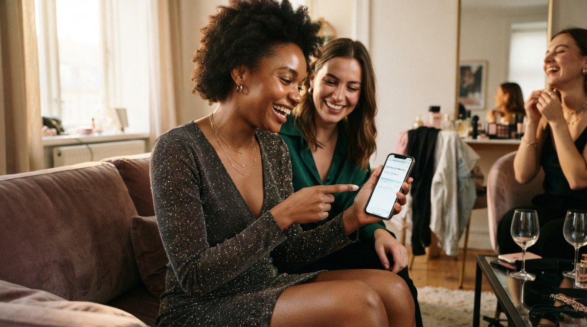 A young woman in a glitter-print deep V mini dress smiling while holding her phone showing a shipping confirmation notification, styled for a night out with natural window lighting