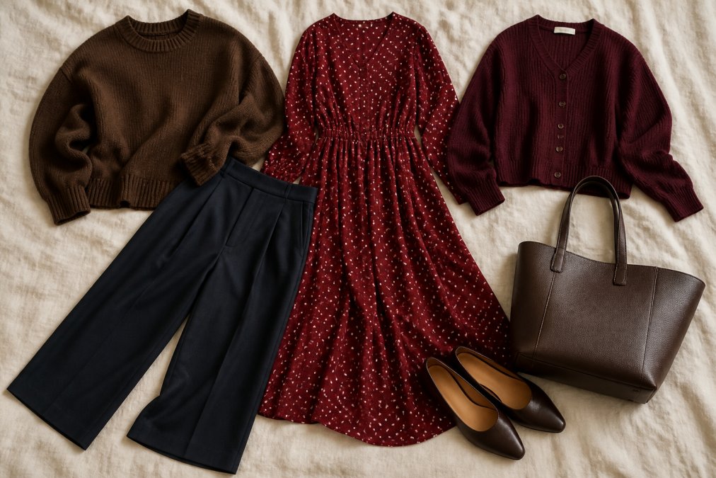 A flat lay of fall 2026 elevated essentials on a cream linen surface: a brown oversized crew neck sweater, navy wide leg pants, a cranberry polka dot midi dress, and a wine-colored cardigan arranged with a pair of leather flats and a structured tote bag