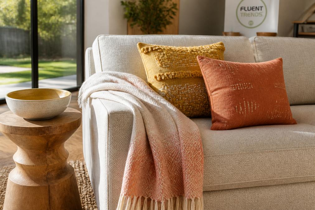 A sunlit living room corner with a handwoven ombre throw draped over a linen sofa, artisan-made throw pillows in ochre and coral, and a ceramic bowl on a wooden side table