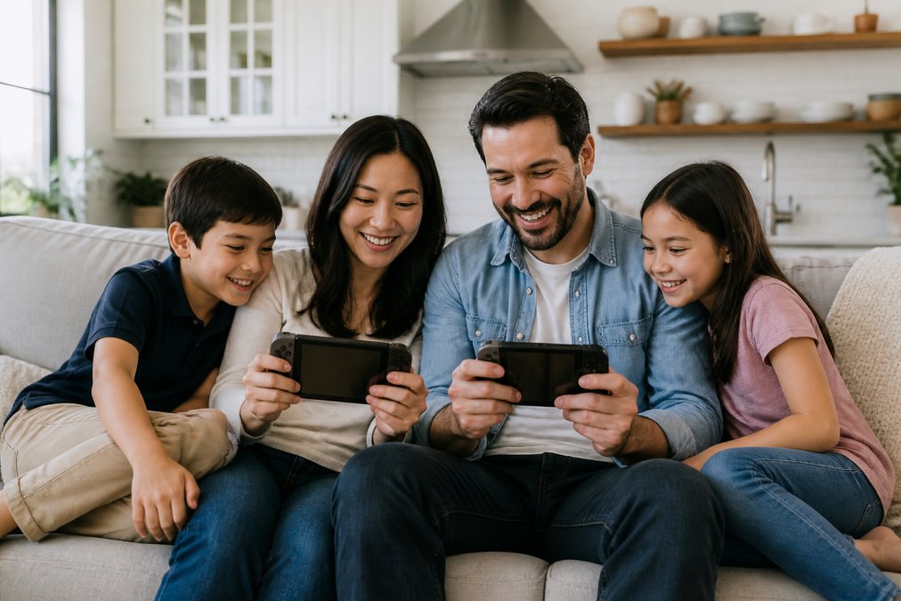Children and adults sitting together indoors on a comfortable couch, smiling and engaged while playing handheld games on a portable gaming console