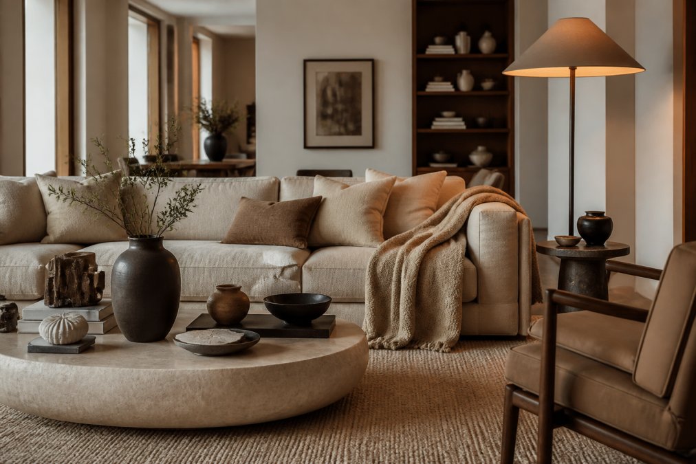 A beautifully styled living room featuring a curated mix of luxury decorative objects, artisan vases, a textured wool throw draped over a neutral linen sofa, and a statement floor lamp casting warm light across layered rugs
