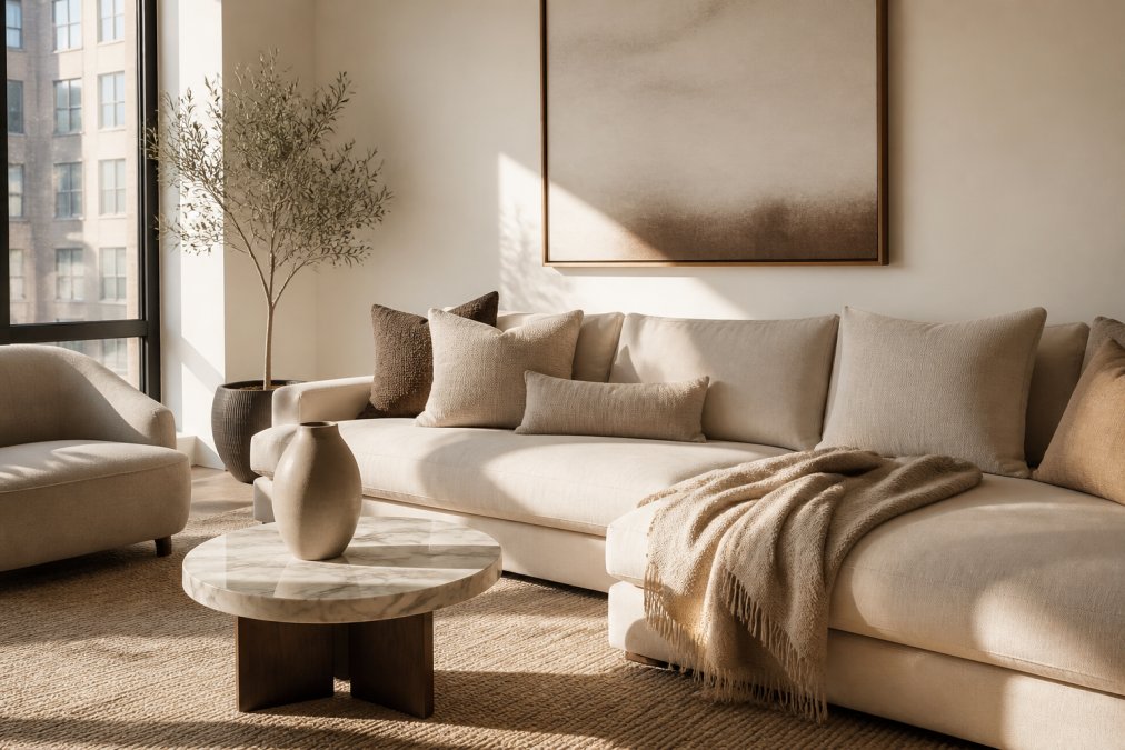 A compact but elegantly decorated apartment living area with a minimalist aesthetic, featuring a single large-format art print on a white wall, layered linen and wool textiles on a low-profile sofa, and a sleek marble-topped accent table holding a single sculptural ceramic vase in warm afternoon light