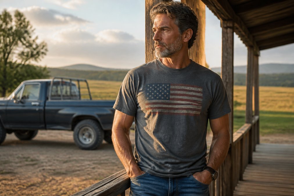A man in his 50s wearing a heavyweight garment-dyed t-shirt with a vintage American flag graphic, standing on a wooden porch at golden hour with a pickup truck in the background