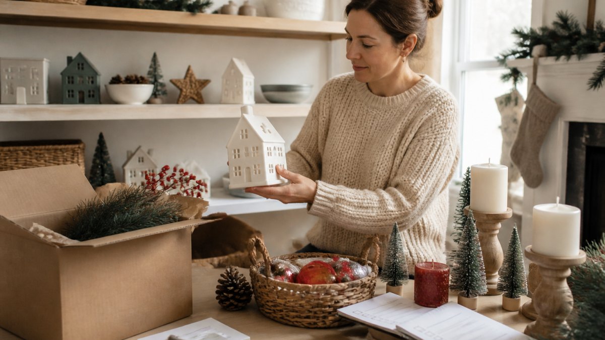 Homeowner arranging holiday decorations on shelves and tables in bright living room, comparing items and organizing seasonal décor with a checklist nearby