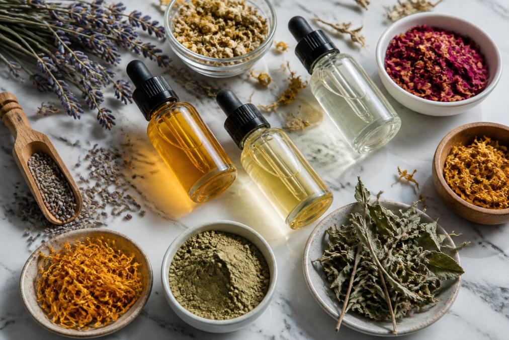 Close-up of a flat lay featuring glass dropper bottles of natural serums, dried botanical herbs, and small bowls of plant-based powders arranged neatly on a white marble surface under soft natural light