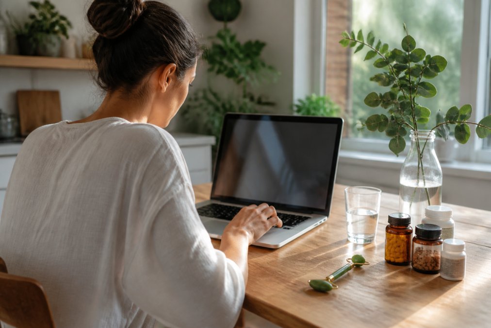 A person browsing wellness products on a laptop at a clean, bright desk with supplement bottles, a jade roller, and a glass of water placed nearby, warm natural light coming through a window