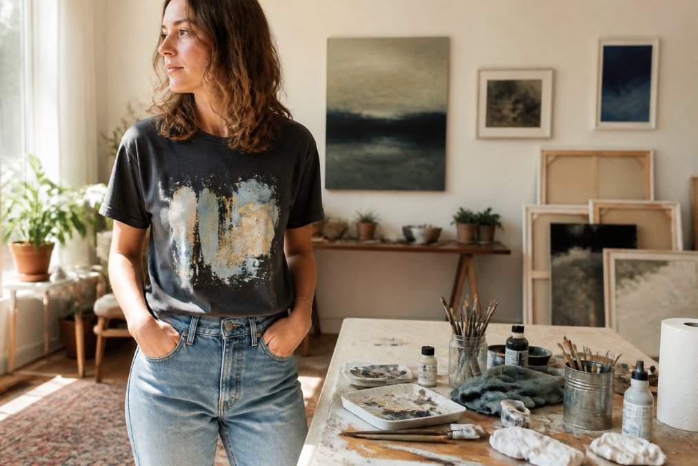 A person wearing a garment-dyed graphic art tee with a painterly print, styled casually with jeans, standing in a sunlit room with framed artwork visible in the background