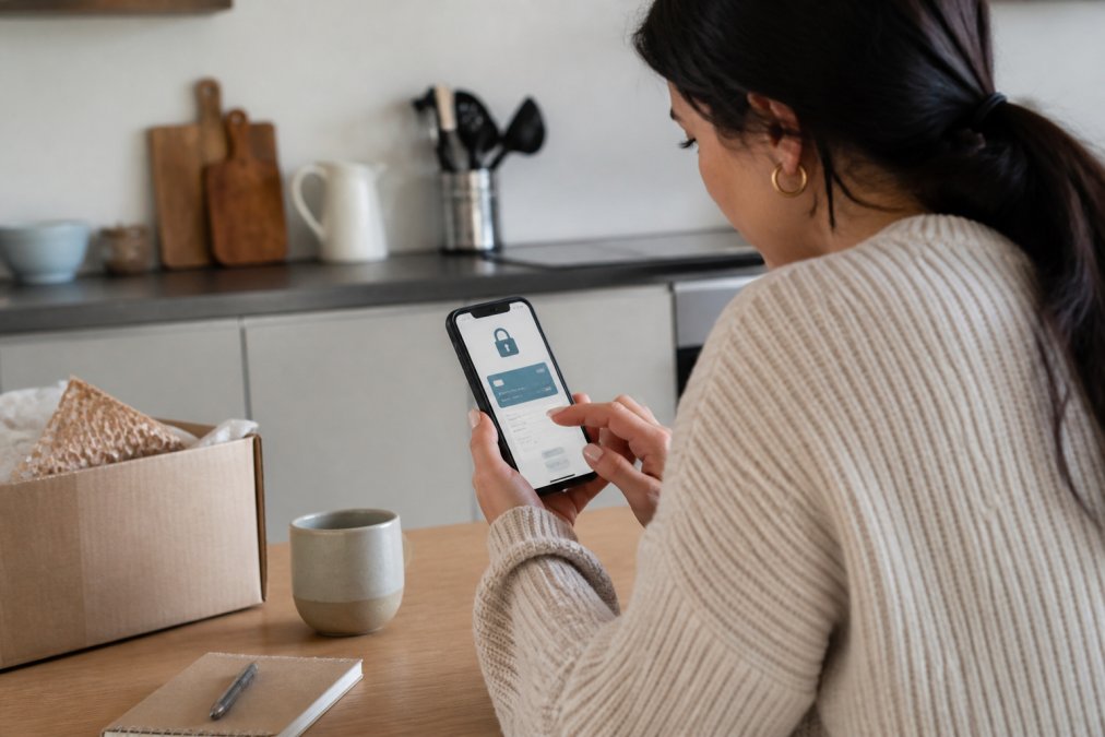 Smartphone displaying a secure checkout page with a padlock icon, person entering payment details with careful attention to the screen