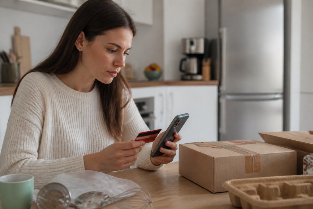 Professional illustration showing Smartphone for kitchen essentials online safely