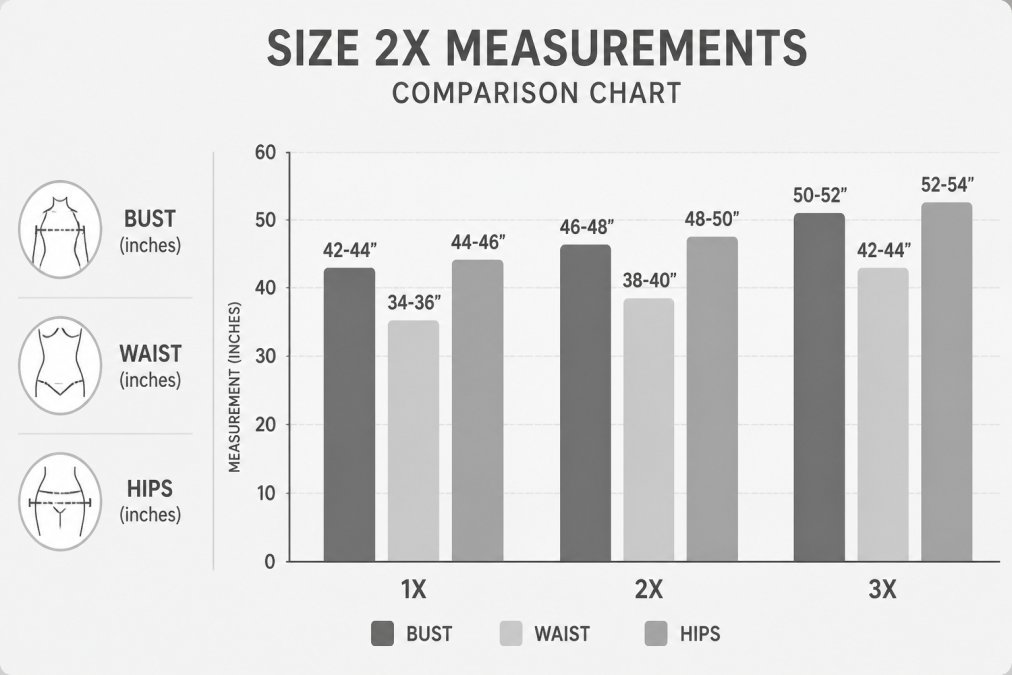 Bar chart comparing size 2X measurements to 1X and 3X: 2X bust 46-48", waist 38-40", hips 48-50"; 1X bust 42-44", waist 34-36", hips 44-46"; 3X bust 50-52", waist 42-44", hips 52-54"
