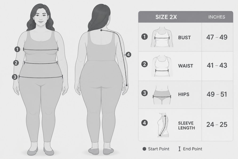 Measurement guide diagram showing where to measure bust, waist, hips, and sleeve length with labeled points and dimensions marked in inches