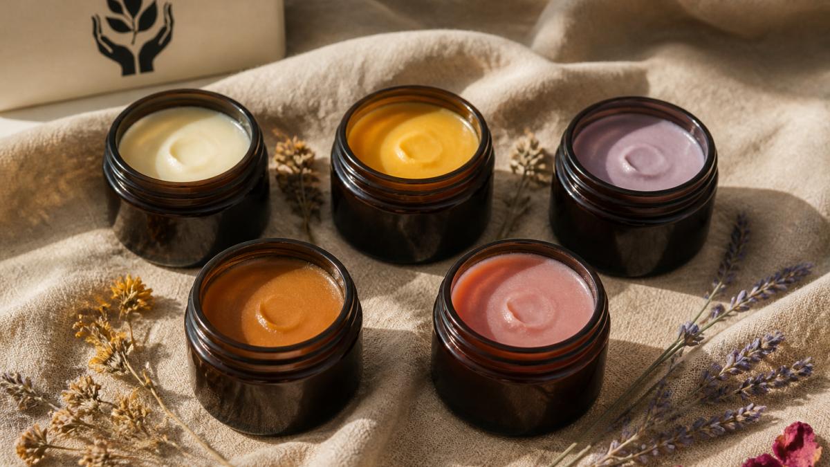 Five amber glass jars of tallow balm arranged on soft cream linen, showing unscented white balm, calendula-infused golden balm, lavender pale purple balm, frankincense warm amber balm, and rose-pink balm, with warm afternoon sunlight casting gentle shadows