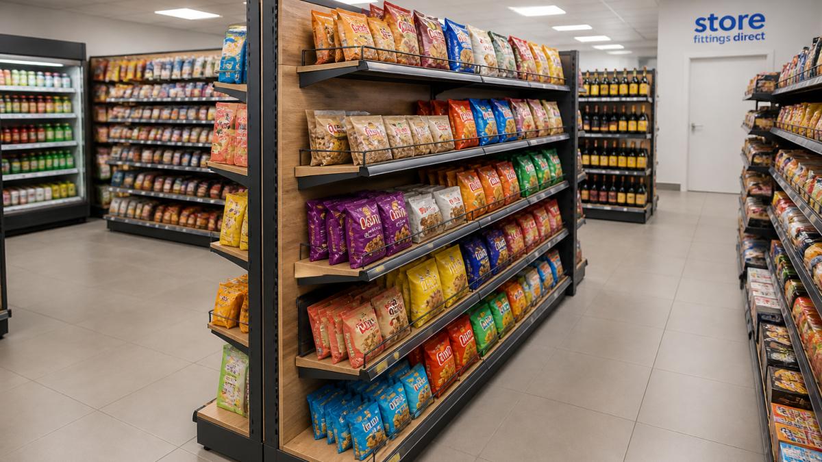 A bright convenience store aisle with a double-sided wood-effect gondola bay stocked with packaged goods, viewed from the end of the aisle under overhead lighting