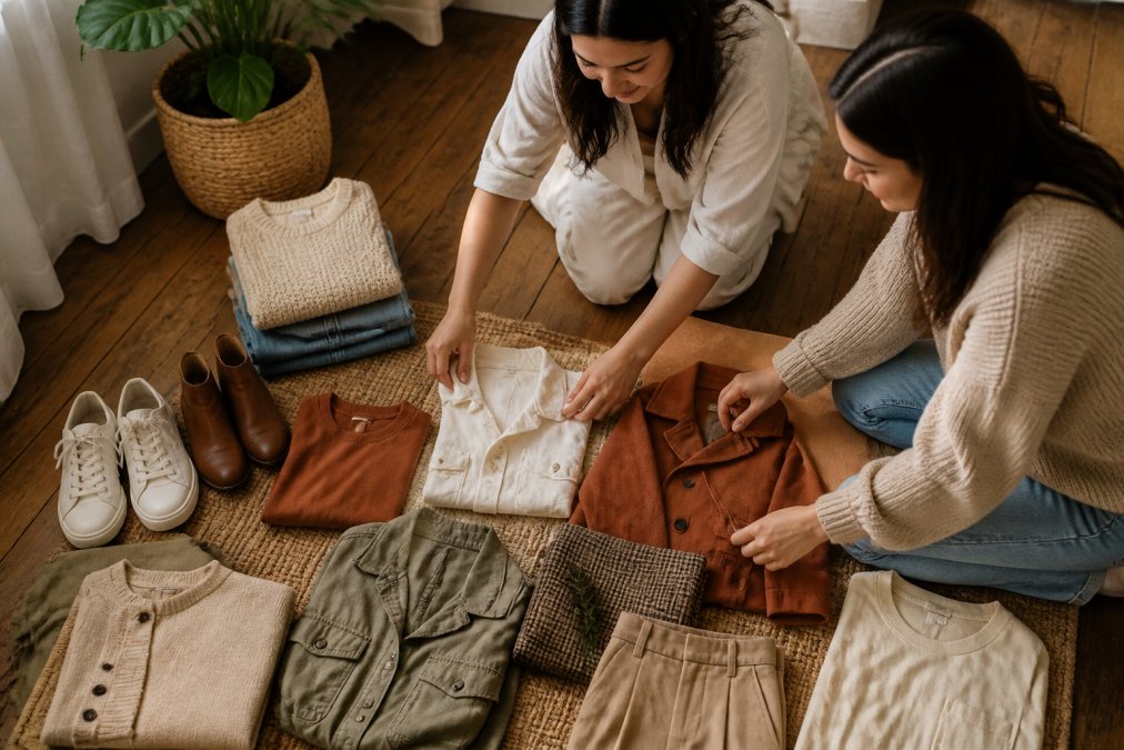 Neutral-toned sustainable clothing pieces arranged in a flat lay to demonstrate capsule wardrobe coordination