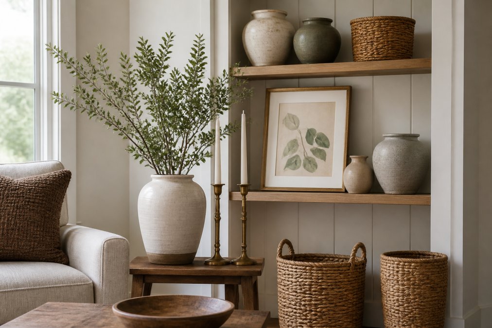 A styled living room corner featuring an arrangement of curated home decor pieces including ceramic vases, brass candlesticks, woven baskets, and framed botanical art on shelves and accent tables with natural window lighting