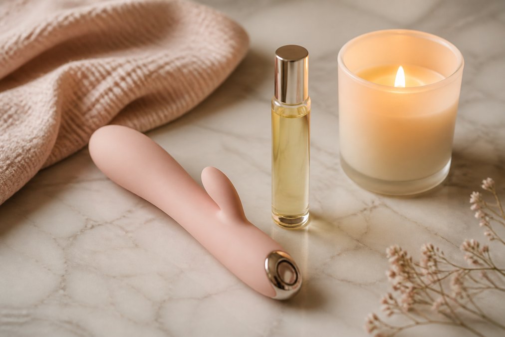 A neatly arranged flatlay of intimate wellness products including a small personal massager, a bottle of arousal oil, and a soft-lit candle on a marble surface with pastel tones