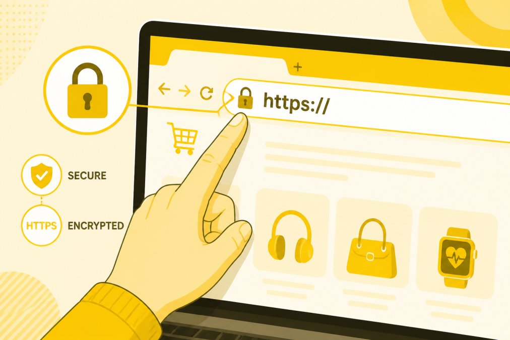 Close-up of a computer screen showing a website URL bar with a padlock icon and HTTPS security indicator visible, user's hand pointing to the secure connection symbol