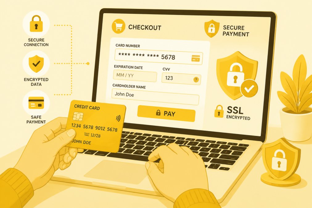 Hands holding a credit card over a laptop keyboard with a secure payment checkout form visible on screen, showing the card entry fields and security elements