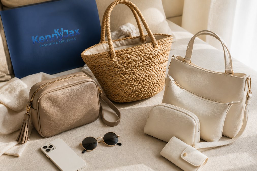 A flat-lay photograph of a soft PU leather crossbody bag, a hand-woven straw tote, and a four-piece bag set arranged on a neutral linen surface with a phone, sunglasses, and a small wallet nearby, styled to show how each bag suits a different occasion
