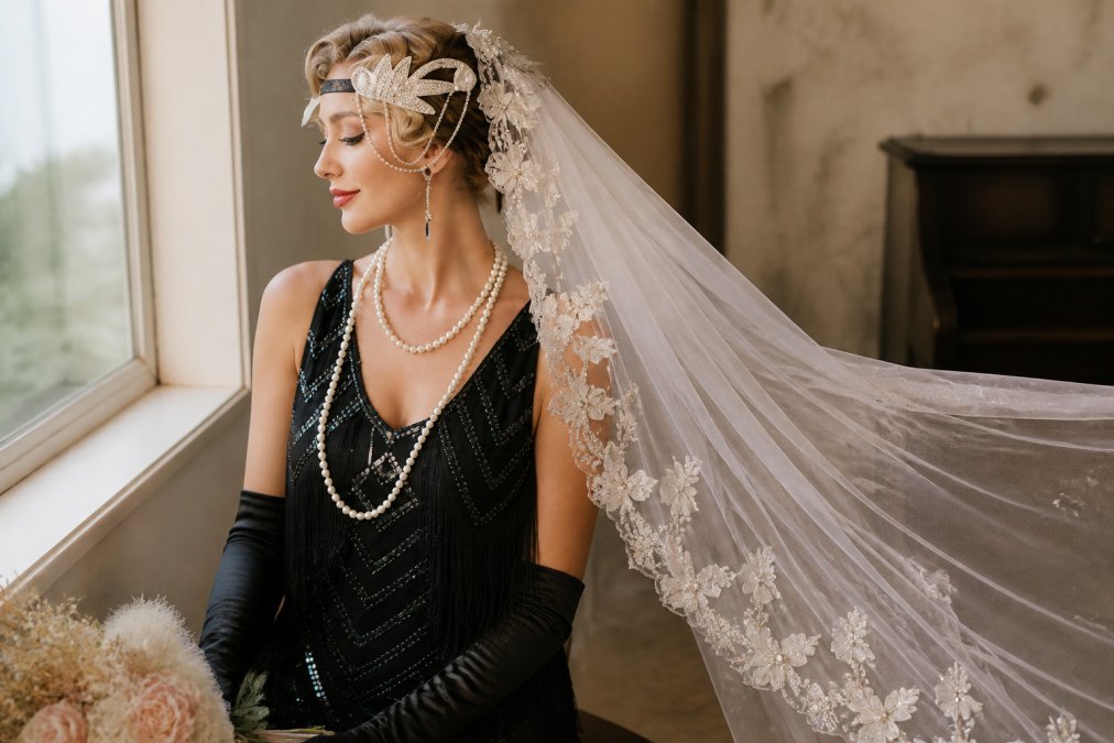 Bride wearing delicate cathedral veil adorned with hand-beaded lace and silk flowers, shown in close-up detail with natural window lighting