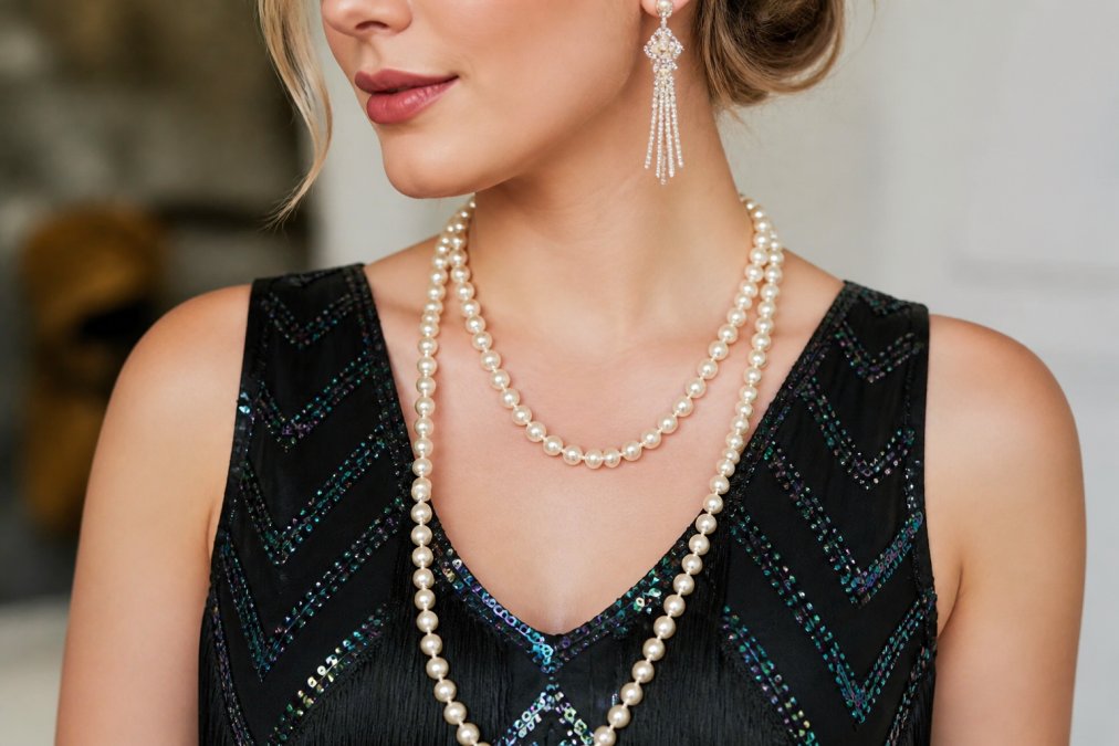 Close-up of bride's neckline showing handmade beaded boho necklace with coordinating vintage-inspired earrings against lace wedding dress