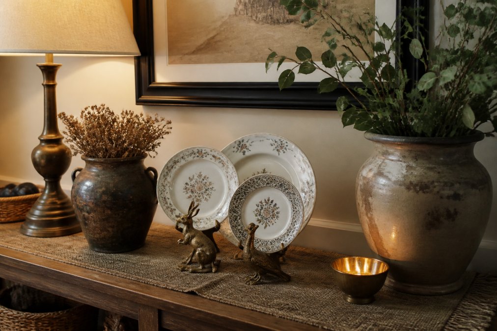 Infographic showing steps to shop whimsical tabletop dish stands for styling antique gold plate displays.