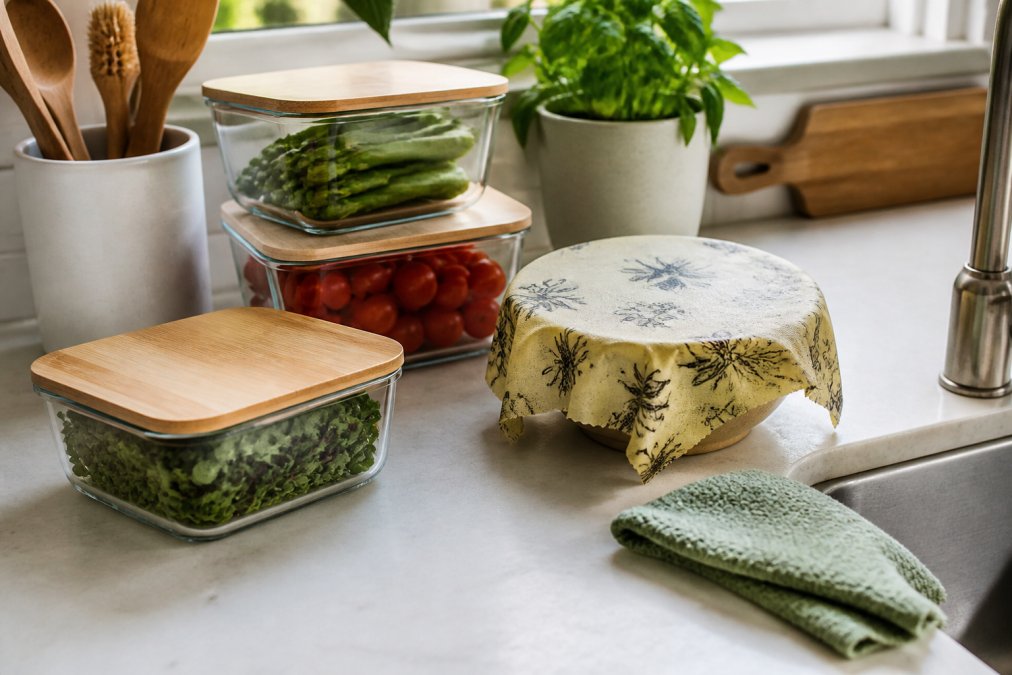 Glass containers, bamboo utensils, and beeswax wraps arranged on a zero waste kitchen countertop.