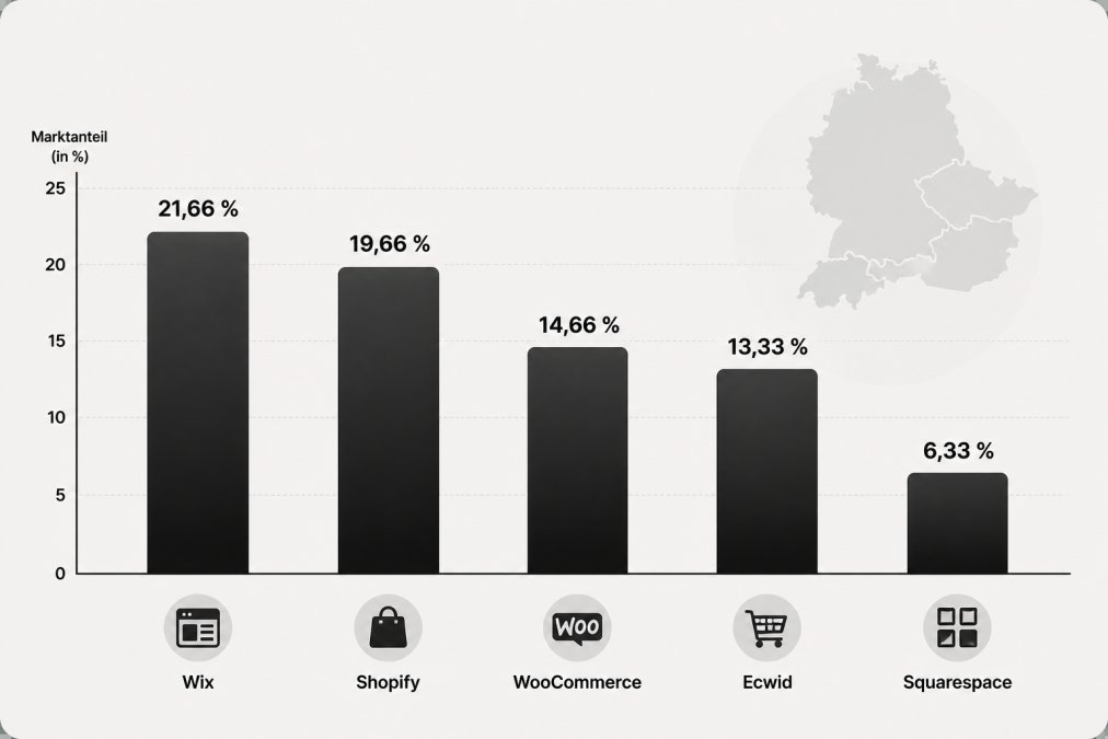 Balkendiagramm zum Marktanteil der führenden E-Commerce-Plattformen in der DACH-Region 2026: Wix 21,66 Prozent, Shopify 19,66 Prozent, WooCommerce 14,66 Prozent, Ecwid 13,33 Prozent, Squarespace 6,33 Prozent
