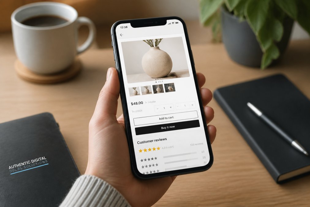Smartphone screen displaying a Shopify product page with smooth checkout flow, high-quality product images, and customer review ratings visible in natural daylight