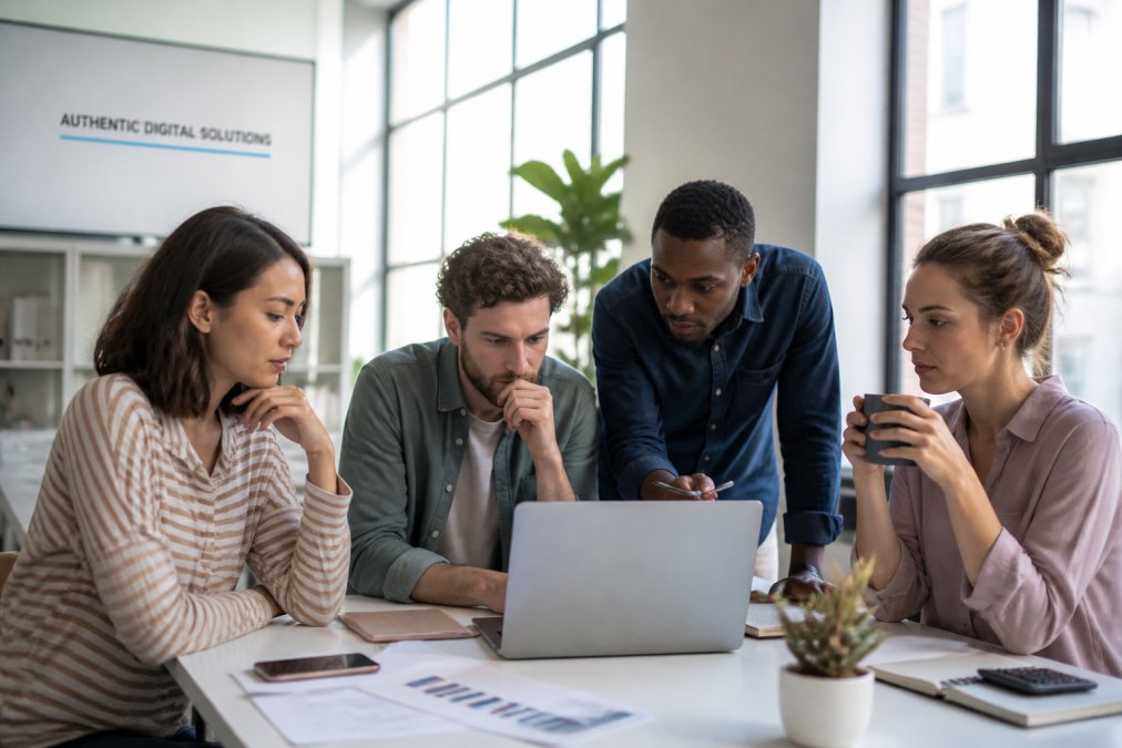 E-commerce team reviewing analytics dashboards showing conversion metrics and A/B test results on multiple monitors in a modern office with natural window lighting