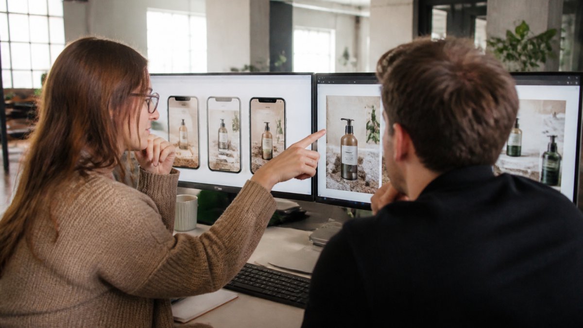 Professional team collaborating at desk, reviewing mobile mockups and ad creative designs side by side on dual monitors in bright modern office