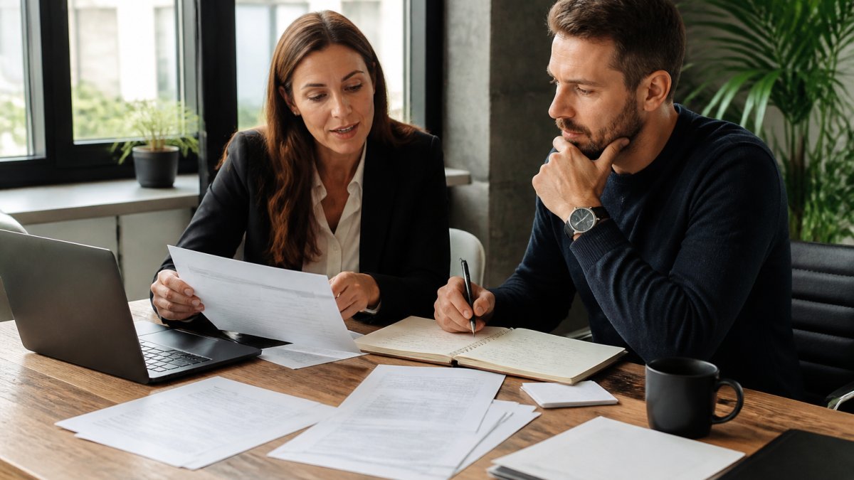 Professional founder and business manager reviewing printed agency proposals at wooden desk with laptop open, taking handwritten notes on pricing details, discussing costs with team member in modern office with natural window lighting