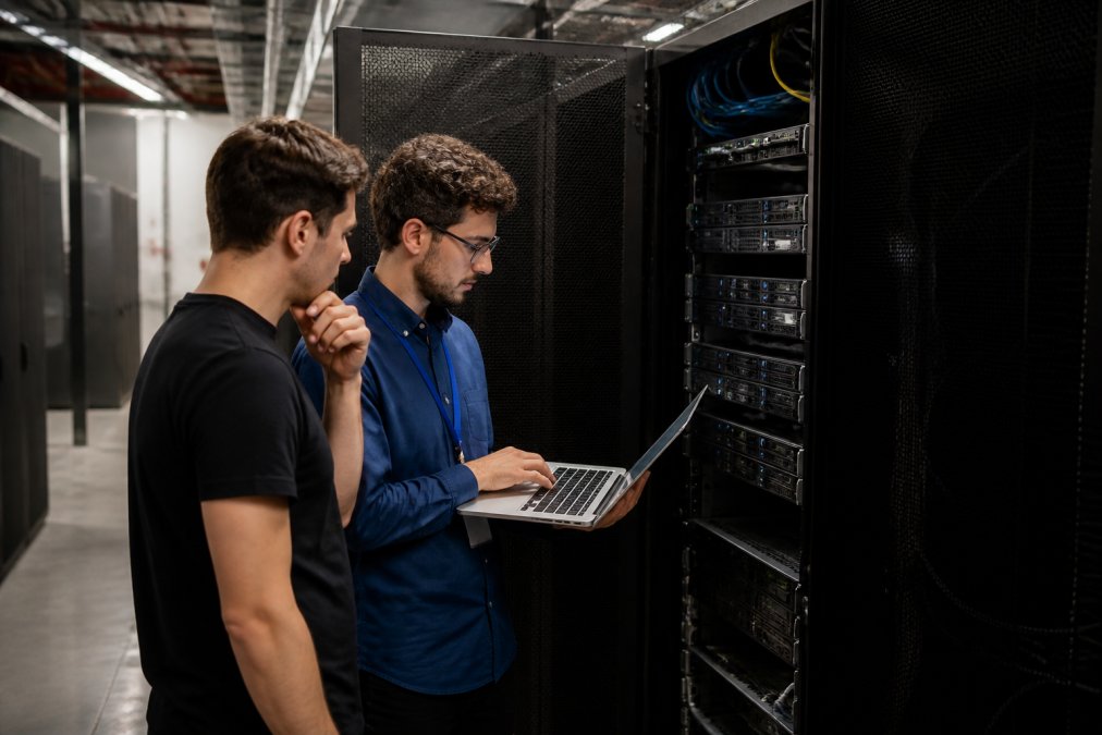 Technical team monitoring system metrics and data synchronization during a Shopify Plus migration downtime