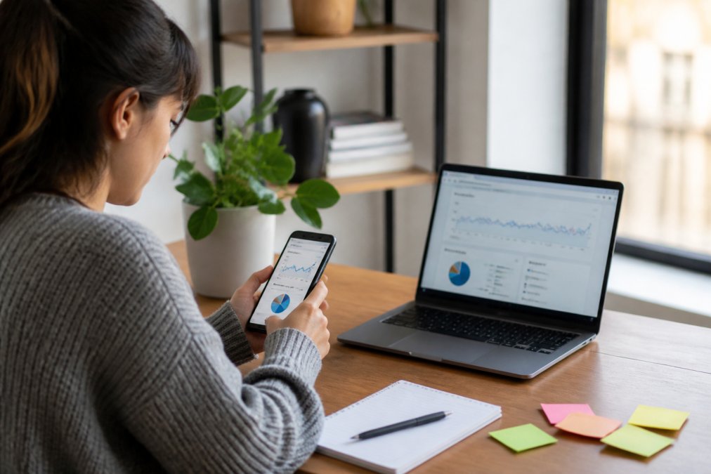 A marketer reviewing mobile analytics dashboards on a smartphone and laptop in a bright modern office, with sticky notes and a notepad on the desk