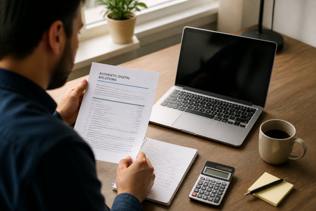 Business owner reviewing maintenance contract and pricing options on a laptop at desk, with financial notes and calculator nearby, natural office lighting