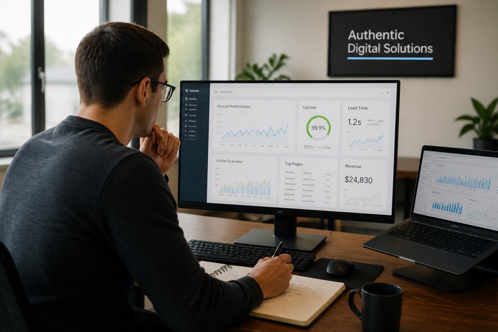 Team member analyzing store performance metrics and uptime reports on monitor in modern office, with charts and data visible on screen