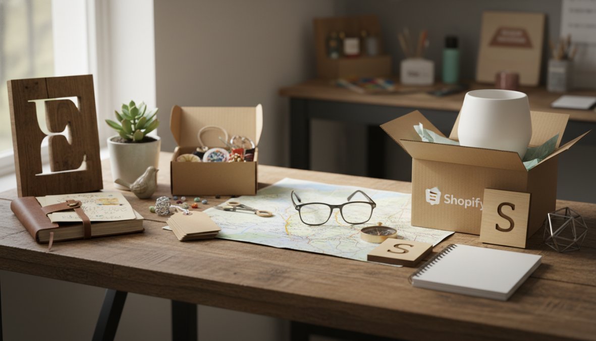 A small business owner sitting at a well-lit home office desk with two browser tabs open on a laptop, surrounded by neatly packaged handmade products in kraft paper ready to ship